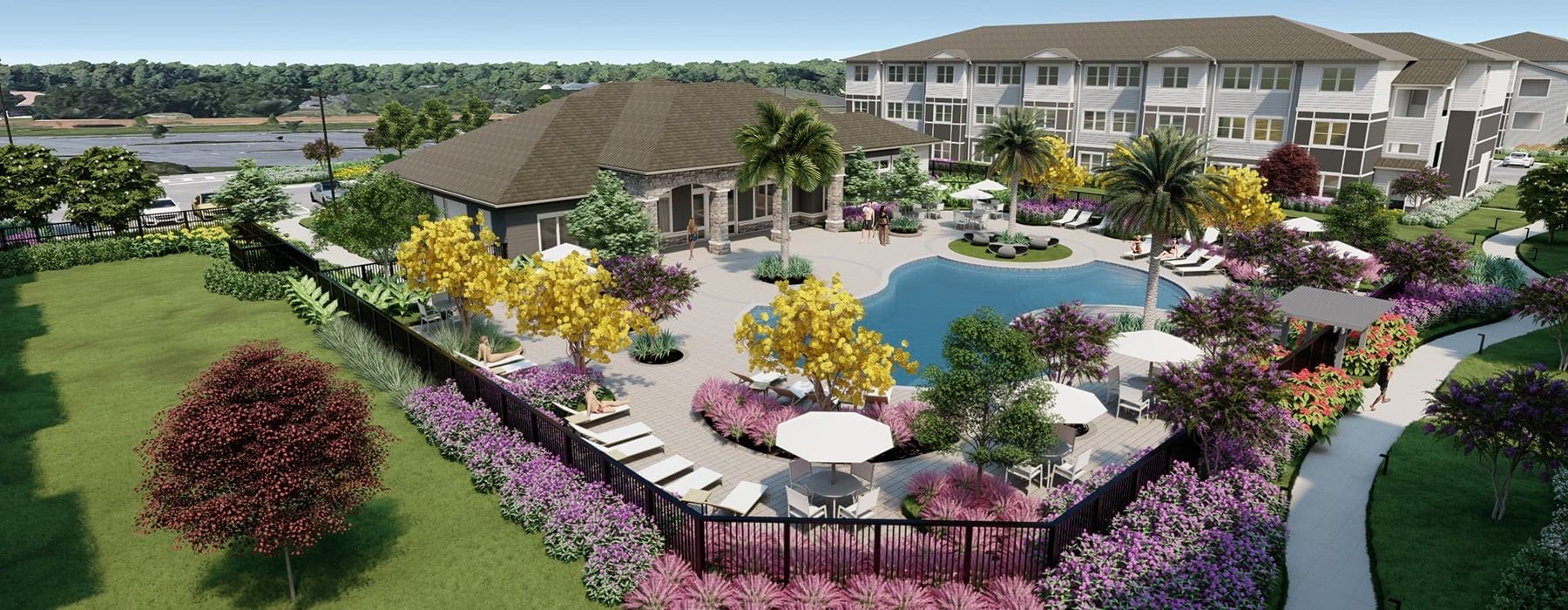 aerial rendering of the pool courtyard showing tropical landscaping