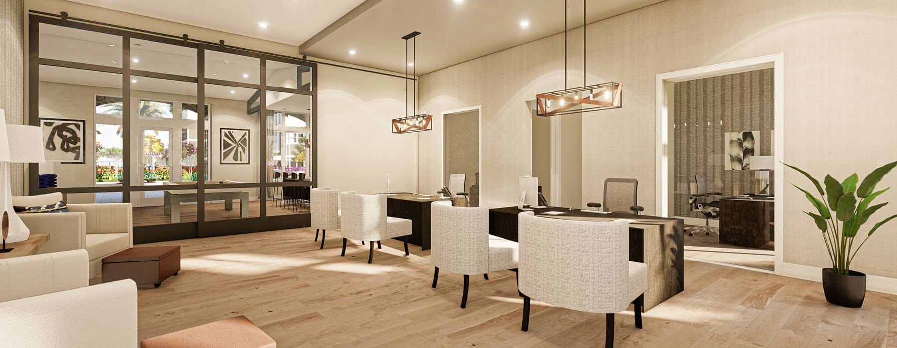 rendering of leasing office showing ample seating and modern decor